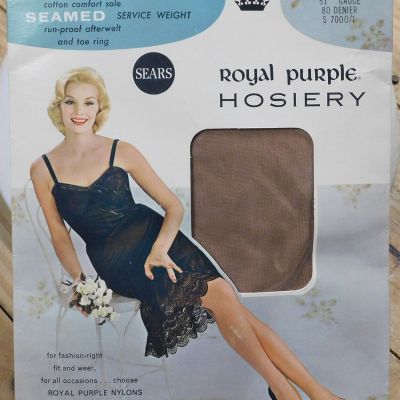 Vtg SEARS ROYAL PURPLE SEAMED 10 BEIGE 31 1/2 NYLON STOCKINGS 1950's J242